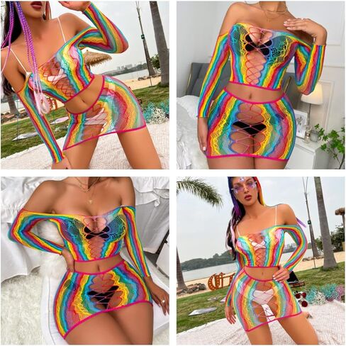 Women Rave Rainbow See Through Mesh Bikini Cover Ups Sexy Hollow Out 2 Piece Crop Top Mini Skirt Festival Outfit in Kuwait