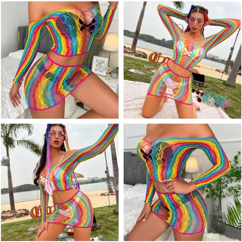 Women Rave Rainbow See Through Mesh Bikini Cover Ups Sexy Hollow Out 2 Piece Crop Top Mini Skirt Festival Outfit in Kuwait