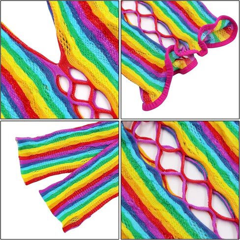 Women Rave Rainbow See Through Mesh Bikini Cover Ups Sexy Hollow Out 2 Piece Crop Top Mini Skirt Festival Outfit in Kuwait