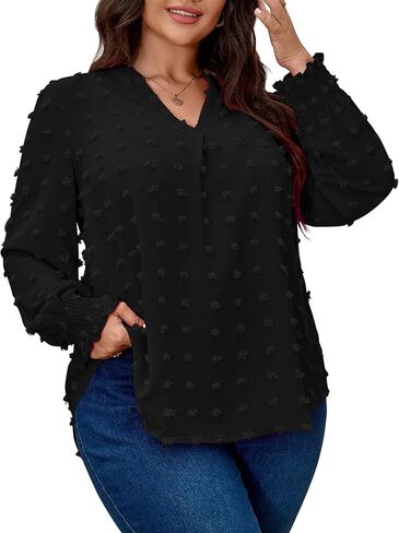 SCOMCHIC Plus Size Blouses for Women Dressy Casual Long Sleeve Shirts V Neck Swiss Dot Business Work Tunic Tops in Saudi Arabia