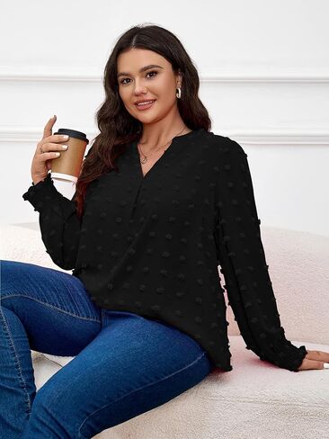 SCOMCHIC Plus Size Blouses for Women Dressy Casual Long Sleeve Shirts V Neck Swiss Dot Business Work Tunic Tops in Saudi Arabia