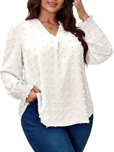 SCOMCHIC Plus Size Blouses for Women Dressy Casual Long Sleeve Shirts V Neck Swiss Dot Business Work Tunic Tops in Saudi Arabia