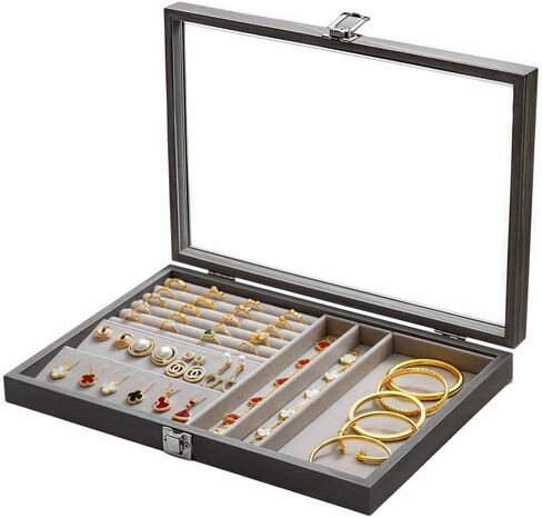Jewelry Box,Multi-Functional Jewelry Storage Box, Jewelry Tray Wooden Jewelry Organizer with Clear Lid Vintage Jewelry Box Jewelry Display Case for Women (Yellowish brown,Square) in Saudi Arabia