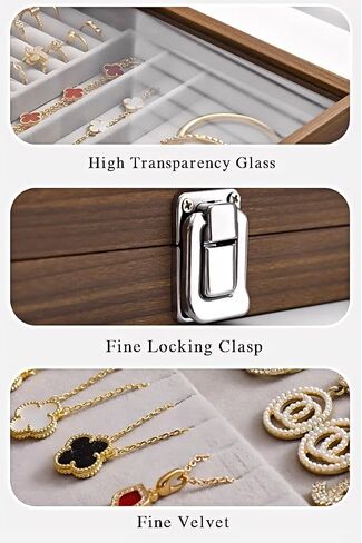 Jewelry Box,Multi-Functional Jewelry Storage Box, Jewelry Tray Wooden Jewelry Organizer with Clear Lid Vintage Jewelry Box Jewelry Display Case for Women (Yellowish brown,Square) in Saudi Arabia