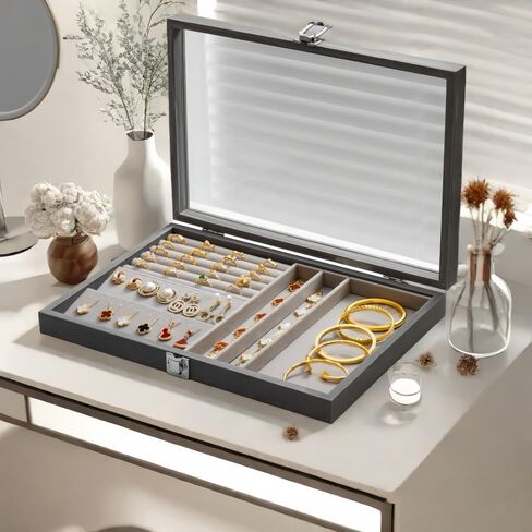 Jewelry Box,Multi-Functional Jewelry Storage Box, Jewelry Tray Wooden Jewelry Organizer with Clear Lid Vintage Jewelry Box Jewelry Display Case for Women (Yellowish brown,Square) in Saudi Arabia