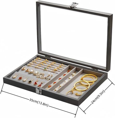 Jewelry Box,Multi-Functional Jewelry Storage Box, Jewelry Tray Wooden Jewelry Organizer with Clear Lid Vintage Jewelry Box Jewelry Display Case for Women (Yellowish brown,Square) in Saudi Arabia