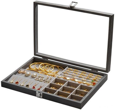 Jewelry Box,Multi-Functional Jewelry Storage Box, Jewelry Tray Wooden Jewelry Organizer with Clear Lid Vintage Jewelry Box Jewelry Display Case for Women (Yellowish brown,Square) in Saudi Arabia
