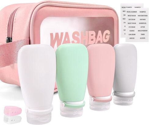 3oz Food-Grade Silicone Travel Bottles for Toiletries – TSA Approved Leak Proof Containers with Blue Wash Bag, Toothbrush Cover, and Labels | Perfect for Toiletries, Lotion, and Salad Dressings (Pink) in Saudi Arabia