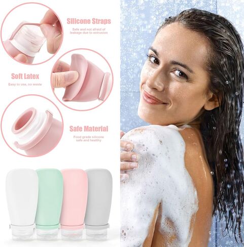 3oz Food-Grade Silicone Travel Bottles for Toiletries – TSA Approved Leak Proof Containers with Blue Wash Bag, Toothbrush Cover, and Labels | Perfect for Toiletries, Lotion, and Salad Dressings (Pink) in Saudi Arabia