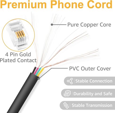 Uvital 10FT Phone Cord for Landline, 2 Pack Telephone Cords for Landline Phones(Coiled Length: 1.2FT), Black Short Phone Handset Cord, RJ9 4P4C Landline Phone Cord, No Tangle Phone Cord in Kuwait