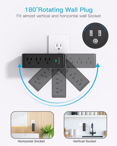 Surge Protector Outlet Extender with Rotating Plug, 9 AC Multi Plug Wall Outlet Expander, 1800J Wall Charger, 3-Sided Power Strip Electrical Plug Adapter Outlet Splitter for Home Office College Dorm in Kuwait
