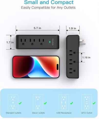 Surge Protector Outlet Extender with Rotating Plug, 9 AC Multi Plug Wall Outlet Expander, 1800J Wall Charger, 3-Sided Power Strip Electrical Plug Adapter Outlet Splitter for Home Office College Dorm in Kuwait