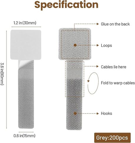 100pcs Hook and Loop Cable Ties, gliship Adhesive Wire Management, Adjustable Cable Straps Cord Wrappers Keeper Cord Holder, Sticky-back Cord Organizer for Kitchen Appliances at Office, Home - Grey in Kuwait