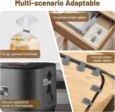 100pcs Hook and Loop Cable Ties, gliship Adhesive Wire Management, Adjustable Cable Straps Cord Wrappers Keeper Cord Holder, Sticky-back Cord Organizer for Kitchen Appliances at Office, Home - Grey in Kuwait