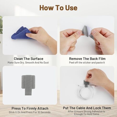 100pcs Hook and Loop Cable Ties, gliship Adhesive Wire Management, Adjustable Cable Straps Cord Wrappers Keeper Cord Holder, Sticky-back Cord Organizer for Kitchen Appliances at Office, Home - Grey in Kuwait
