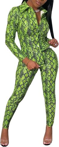 ECDAHICC Women's 2 Piece Outfits Snakeskin Print Long Sleeve Button Down Blouse Tops Bodycon Pants Sweatsuits Sets in Saudi Arabia
