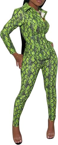 ECDAHICC Women's 2 Piece Outfits Snakeskin Print Long Sleeve Button Down Blouse Tops Bodycon Pants Sweatsuits Sets in Saudi Arabia