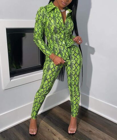 ECDAHICC Women's 2 Piece Outfits Snakeskin Print Long Sleeve Button Down Blouse Tops Bodycon Pants Sweatsuits Sets in Saudi Arabia