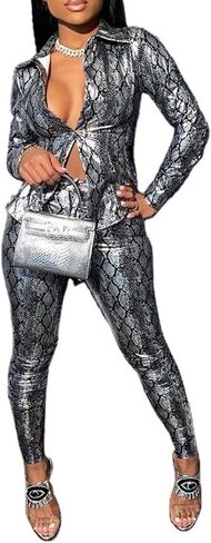 ECDAHICC Women's 2 Piece Outfits Snakeskin Print Long Sleeve Button Down Blouse Tops Bodycon Pants Sweatsuits Sets in Saudi Arabia