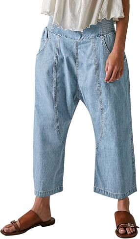 Cicy Bell Womens Wide Leg Cropped Jeans Baggy Boyfriend Smocked Mid Rise Harem Denim Pants in Saudi Arabia