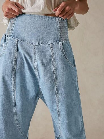 Cicy Bell Womens Wide Leg Cropped Jeans Baggy Boyfriend Smocked Mid Rise Harem Denim Pants in Saudi Arabia