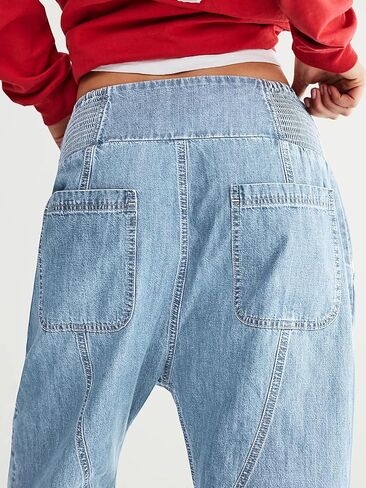 Cicy Bell Womens Wide Leg Cropped Jeans Baggy Boyfriend Smocked Mid Rise Harem Denim Pants in Saudi Arabia