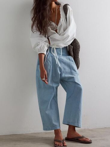 Cicy Bell Womens Wide Leg Cropped Jeans Baggy Boyfriend Smocked Mid Rise Harem Denim Pants in Saudi Arabia