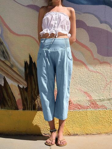 Cicy Bell Womens Wide Leg Cropped Jeans Baggy Boyfriend Smocked Mid Rise Harem Denim Pants in Saudi Arabia