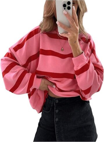 Women's Striped Color Block Sweatshirts Crewneck Drop Shoulder Loose Pullover Tops in Saudi Arabia