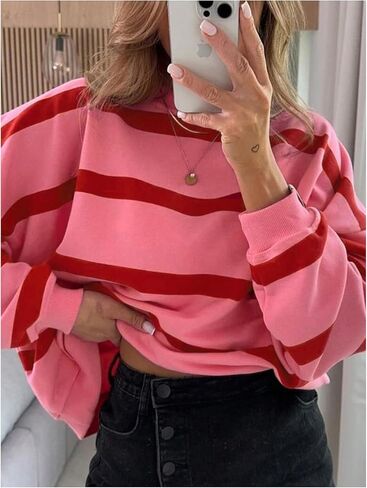 Women's Striped Color Block Sweatshirts Crewneck Drop Shoulder Loose Pullover Tops in Saudi Arabia