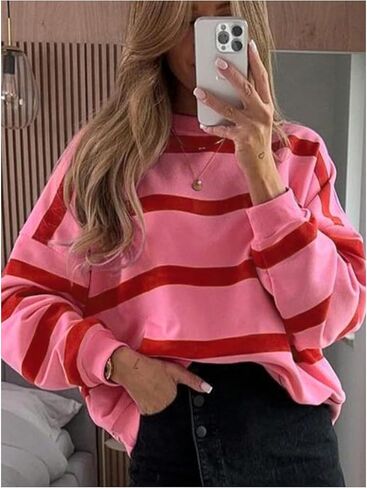 Women's Striped Color Block Sweatshirts Crewneck Drop Shoulder Loose Pullover Tops in Saudi Arabia