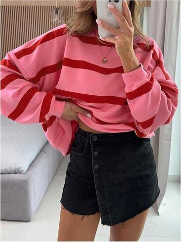 Women's Striped Color Block Sweatshirts Crewneck Drop Shoulder Loose Pullover Tops in Saudi Arabia