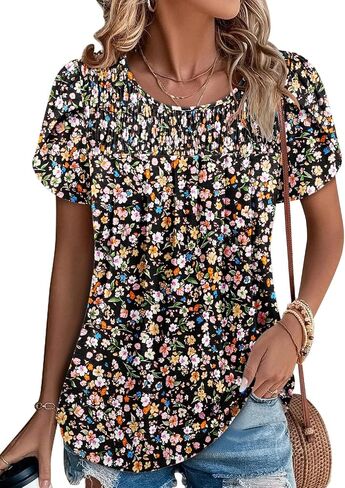 ZOLUCKY Womens Short Sleeve Shirts Floral Summer Tops Ladies Tunic Tops Loose Fit Tunics in Saudi Arabia
