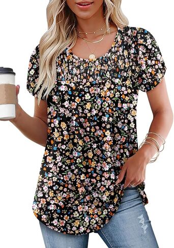ZOLUCKY Womens Short Sleeve Shirts Floral Summer Tops Ladies Tunic Tops Loose Fit Tunics in Saudi Arabia