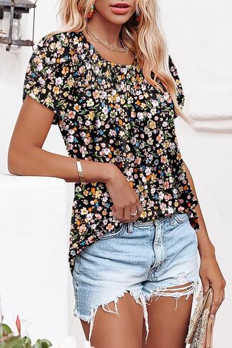 ZOLUCKY Womens Short Sleeve Shirts Floral Summer Tops Ladies Tunic Tops Loose Fit Tunics in Saudi Arabia