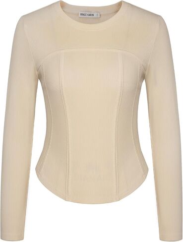 قمصان نسائية بأكمام طويلة وياقة دائرية من GRACE KARIN، قمصان قصيرة، خريف أنيق، متماسكة، مشد ضيق، تي شيرت in Kuwait