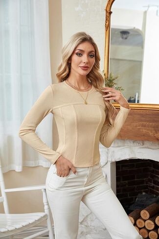 قمصان نسائية بأكمام طويلة وياقة دائرية من GRACE KARIN، قمصان قصيرة، خريف أنيق، متماسكة، مشد ضيق، تي شيرت in Kuwait