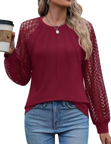 Kistore Women's Tops Lace Long Sleeve Pleated Crew Neck Tunic Dressy Casual Blouses Shirts in Saudi Arabia