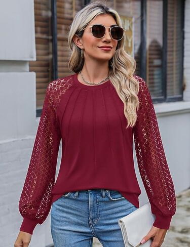 Kistore Women's Tops Lace Long Sleeve Pleated Crew Neck Tunic Dressy Casual Blouses Shirts in Saudi Arabia