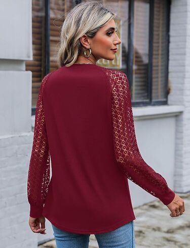 Kistore Women's Tops Lace Long Sleeve Pleated Crew Neck Tunic Dressy Casual Blouses Shirts in Saudi Arabia
