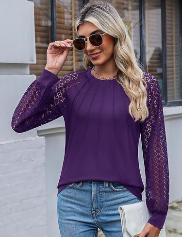 Kistore Women's Tops Lace Long Sleeve Pleated Crew Neck Tunic Dressy Casual Blouses Shirts in Saudi Arabia