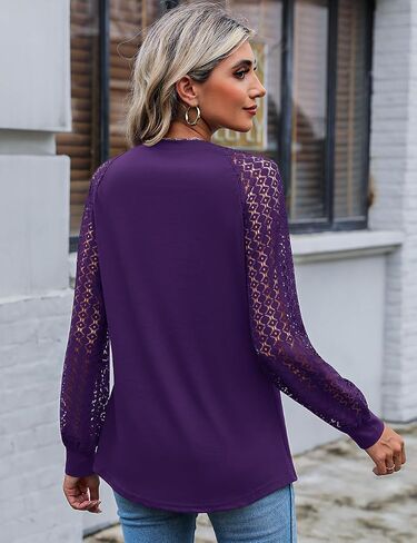 Kistore Women's Tops Lace Long Sleeve Pleated Crew Neck Tunic Dressy Casual Blouses Shirts in Saudi Arabia