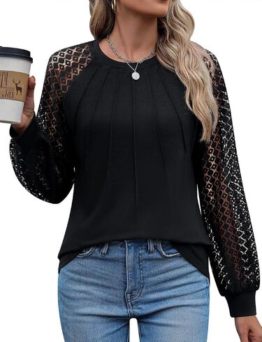 Kistore Women's Tops Lace Long Sleeve Pleated Crew Neck Tunic Dressy Casual Blouses Shirts in Saudi Arabia