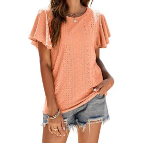 CASURESS Women's T-Shirts Loose Fit Crew Neck Eyelet Short Sleeve Summer Casual Basic Tops