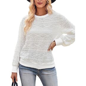 Womens Tunic Crew neck Solid Color Long Sleeved Hollowed Out Jacquard Tops