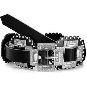 Women Wide Western Leather Belt Boho Disc Concho Belt Cowgirl Vintage Waist Belt for Jeans Dresses