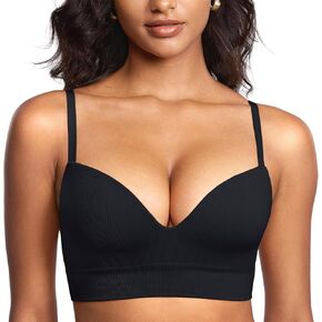 DOBREVA Women's Ribbed Wireless Push Up Bra No Underwire Supportive Padded Longline Bralette