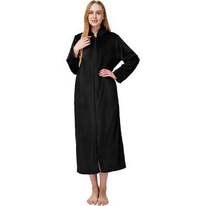 SIORO Women's Zip Up Robe Fleece Bathrobe Long Zipper Lounger Warm Housecoat Full Length Nightgown with Pockets S-XL