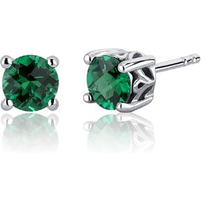 Peora Simulated Emerald Stud Earrings for Women 925 Sterling Silver, Solitaire Scroll Gallery, 1.50 Carats Total Round Shape 6mm, Friction Backs, Dainty Green Earrings, May Birthstone