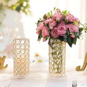 Elegant Crystal Column Vase/Candle Holder, Cylinder Flower Display Tabletop Centerpiece for Weddings & Home Decor (2, Gold)